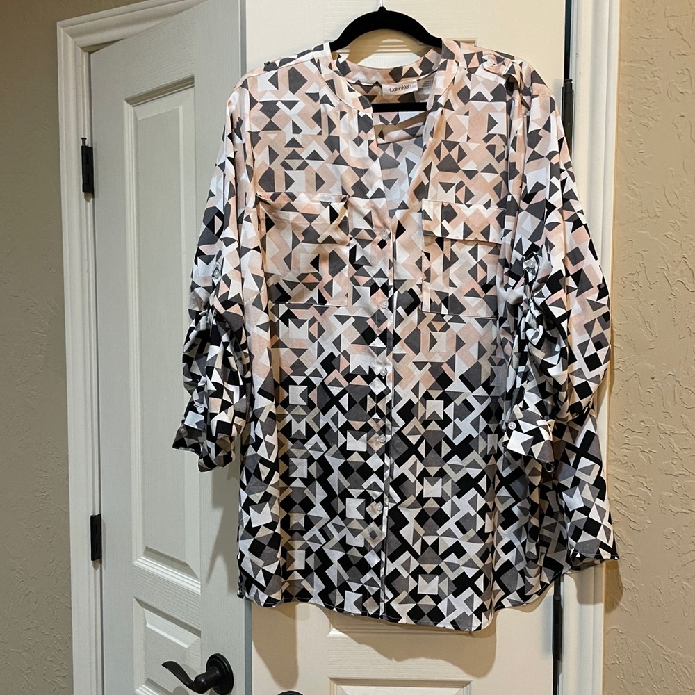 Calvin Klein geometric print blouse pink grey black size 3X